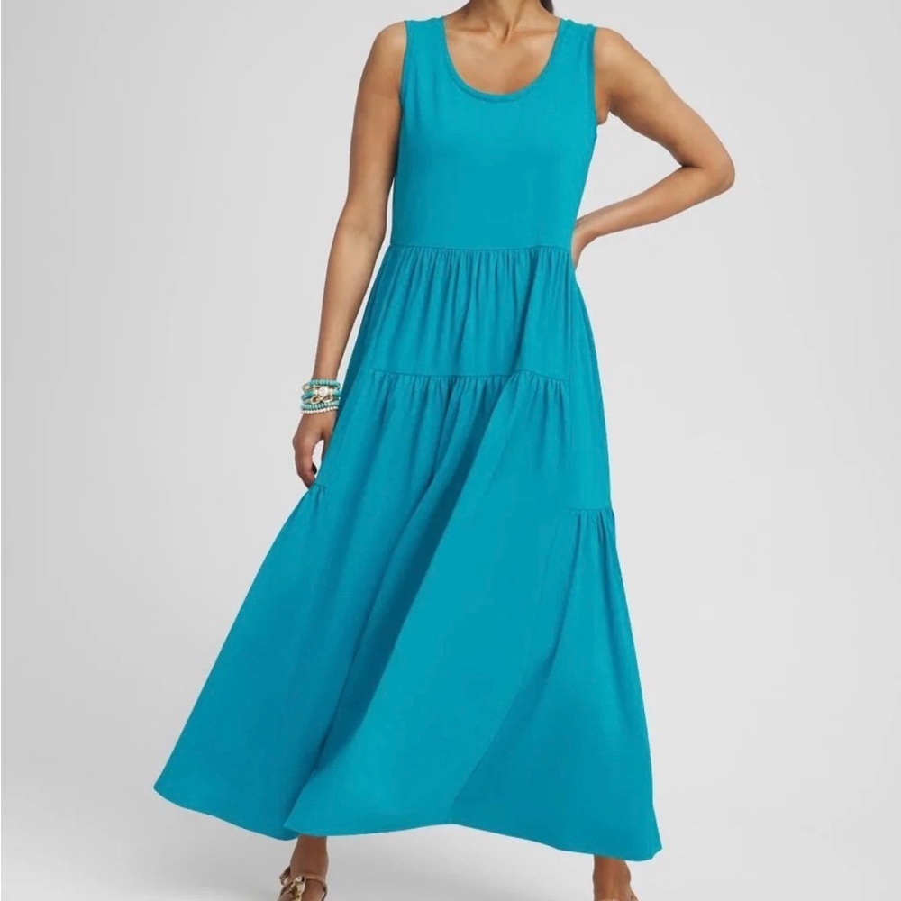 OSO Womens Blue Tiered Maxi Dress Picnic Medium Cotton Flowy Resortwear Ocean